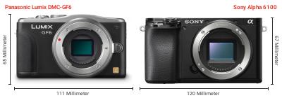 Größenvergleich: Panasonic Lumix DMC-GF6 vs. Sony Alpha 6100 Größenvergleich: Panasonic Lumix DMC-GF6 vs. Sony Alpha 6100