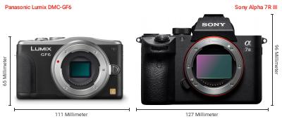 Größenvergleich: Panasonic Lumix DMC-GF6 vs. Sony Alpha 7R III Größenvergleich: Panasonic Lumix DMC-GF6 vs. Sony Alpha 7R III