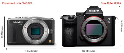Größenvergleich: Panasonic Lumix DMC-GF6 vs. Sony Alpha 7R IIIA Größenvergleich: Panasonic Lumix DMC-GF6 vs. Sony Alpha 7R IIIA