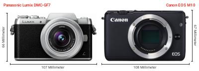 Größenvergleich: Panasonic Lumix DMC-GF7 vs. Canon EOS M10 Größenvergleich: Panasonic Lumix DMC-GF7 vs. Canon EOS M10