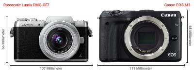 Größenvergleich: Panasonic Lumix DMC-GF7 vs. Canon EOS M3 Größenvergleich: Panasonic Lumix DMC-GF7 vs. Canon EOS M3
