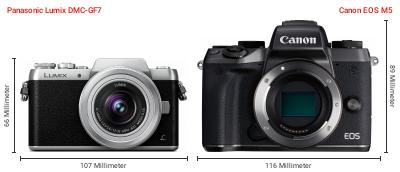 Größenvergleich: Panasonic Lumix DMC-GF7 vs. Canon EOS M5 Größenvergleich: Panasonic Lumix DMC-GF7 vs. Canon EOS M5