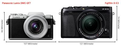 Größenvergleich: Panasonic Lumix DMC-GF7 vs. Fujifilm X-E3