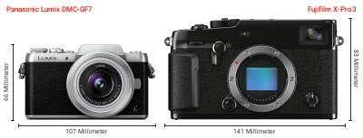 Größenvergleich: Panasonic Lumix DMC-GF7 vs. Fujifilm X-Pro3 Größenvergleich: Panasonic Lumix DMC-GF7 vs. Fujifilm X-Pro3