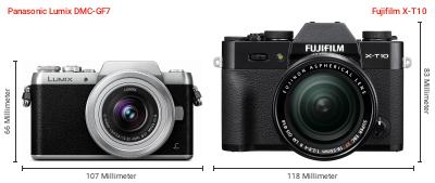Größenvergleich: Panasonic Lumix DMC-GF7 vs. Fujifilm X-T10 Größenvergleich: Panasonic Lumix DMC-GF7 vs. Fujifilm X-T10