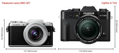 Größenvergleich: Panasonic Lumix DMC-GF7 vs. Fujifilm X-T20 Größenvergleich: Panasonic Lumix DMC-GF7 vs. Fujifilm X-T20