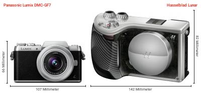 Größenvergleich: Panasonic Lumix DMC-GF7 vs. Hasselblad Lunar Größenvergleich: Panasonic Lumix DMC-GF7 vs. Hasselblad Lunar