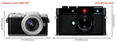 Größenvergleich: Panasonic Lumix DMC-GF7 vs. Leica M (Typ 262) Größenvergleich: Panasonic Lumix DMC-GF7 vs. Leica M (Typ 262)