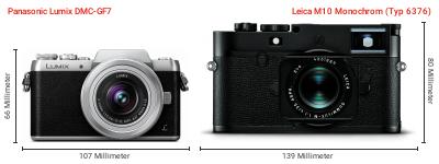 Größenvergleich: Panasonic Lumix DMC-GF7 vs. Leica M10 Monochrom (Typ 6376) Größenvergleich: Panasonic Lumix DMC-GF7 vs. Leica M10 Monochrom (Typ 6376)