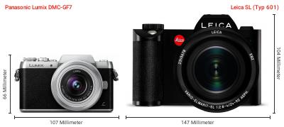 Größenvergleich: Panasonic Lumix DMC-GF7 vs. Leica SL (Typ 601) Größenvergleich: Panasonic Lumix DMC-GF7 vs. Leica SL (Typ 601)
