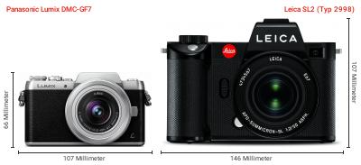 Größenvergleich: Panasonic Lumix DMC-GF7 vs. Leica SL2 (Typ 2998) Größenvergleich: Panasonic Lumix DMC-GF7 vs. Leica SL2 (Typ 2998)
