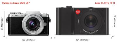 Größenvergleich: Panasonic Lumix DMC-GF7 vs. Leica TL (Typ 701) Größenvergleich: Panasonic Lumix DMC-GF7 vs. Leica TL (Typ 701)
