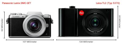 Größenvergleich: Panasonic Lumix DMC-GF7 vs. Leica TL2 (Typ 5370) Größenvergleich: Panasonic Lumix DMC-GF7 vs. Leica TL2 (Typ 5370)