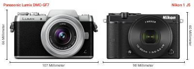Größenvergleich: Panasonic Lumix DMC-GF7 vs. Nikon 1 J5 Größenvergleich: Panasonic Lumix DMC-GF7 vs. Nikon 1 J5