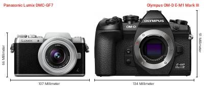 Größenvergleich: Panasonic Lumix DMC-GF7 vs. OM System OM-D E-M1 Mark III Größenvergleich: Panasonic Lumix DMC-GF7 vs. OM System OM-D E-M1 Mark III