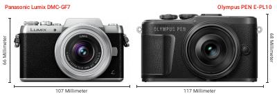 Größenvergleich: Panasonic Lumix DMC-GF7 vs. OM System PEN E-PL10 Größenvergleich: Panasonic Lumix DMC-GF7 vs. OM System PEN E-PL10