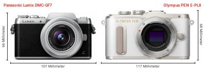 Größenvergleich: Panasonic Lumix DMC-GF7 vs. OM System PEN E-PL8