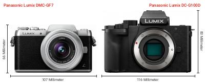 Größenvergleich: Panasonic Lumix DMC-GF7 vs. Panasonic Lumix DC-G100D Größenvergleich: Panasonic Lumix DMC-GF7 vs. Panasonic Lumix DC-G100D