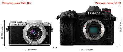 Größenvergleich: Panasonic Lumix DMC-GF7 vs. Panasonic Lumix DC-G9 Größenvergleich: Panasonic Lumix DMC-GF7 vs. Panasonic Lumix DC-G9