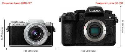 Größenvergleich: Panasonic Lumix DMC-GF7 vs. Panasonic Lumix DC-G91