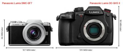 Größenvergleich: Panasonic Lumix DMC-GF7 vs. Panasonic Lumix DC-GH5 II Größenvergleich: Panasonic Lumix DMC-GF7 vs. Panasonic Lumix DC-GH5 II
