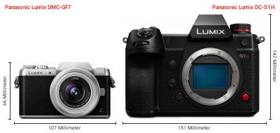 Größenvergleich: Panasonic Lumix DMC-GF7 vs. Panasonic Lumix DC-S1H Größenvergleich: Panasonic Lumix DMC-GF7 vs. Panasonic Lumix DC-S1H