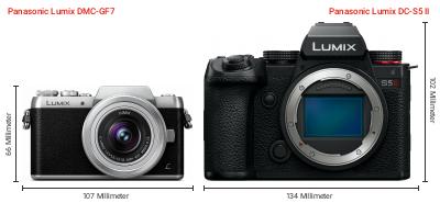 Größenvergleich: Panasonic Lumix DMC-GF7 vs. Panasonic Lumix DC-S5 II Größenvergleich: Panasonic Lumix DMC-GF7 vs. Panasonic Lumix DC-S5 II