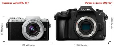 Größenvergleich: Panasonic Lumix DMC-GF7 vs. Panasonic Lumix DMC-G81 Größenvergleich: Panasonic Lumix DMC-GF7 vs. Panasonic Lumix DMC-G81