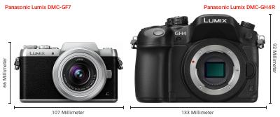 Größenvergleich: Panasonic Lumix DMC-GF7 vs. Panasonic Lumix DMC-GH4R Größenvergleich: Panasonic Lumix DMC-GF7 vs. Panasonic Lumix DMC-GH4R