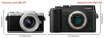 Größenvergleich: Panasonic Lumix DMC-GF7 vs. Panasonic Lumix DMC-GX8 Größenvergleich: Panasonic Lumix DMC-GF7 vs. Panasonic Lumix DMC-GX8