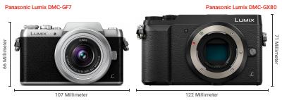Größenvergleich: Panasonic Lumix DMC-GF7 vs. Panasonic Lumix DMC-GX80 Größenvergleich: Panasonic Lumix DMC-GF7 vs. Panasonic Lumix DMC-GX80