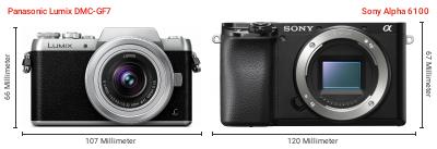 Größenvergleich: Panasonic Lumix DMC-GF7 vs. Sony Alpha 6100 Größenvergleich: Panasonic Lumix DMC-GF7 vs. Sony Alpha 6100