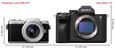 Größenvergleich: Panasonic Lumix DMC-GF7 vs. Sony Alpha 7 IV Größenvergleich: Panasonic Lumix DMC-GF7 vs. Sony Alpha 7 IV