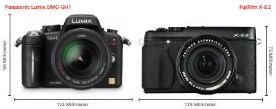 Größenvergleich: Panasonic Lumix DMC-GH1 vs. Fujifilm X-E2 Größenvergleich: Panasonic Lumix DMC-GH1 vs. Fujifilm X-E2