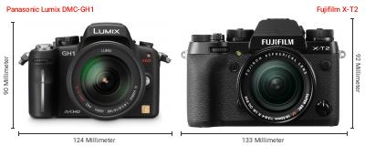 Größenvergleich: Panasonic Lumix DMC-GH1 vs. Fujifilm X-T2