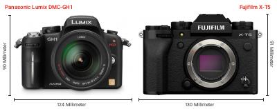 Größenvergleich: Panasonic Lumix DMC-GH1 vs. Fujifilm X-T5 Größenvergleich: Panasonic Lumix DMC-GH1 vs. Fujifilm X-T5