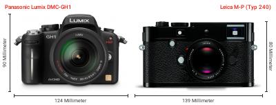Größenvergleich: Panasonic Lumix DMC-GH1 vs. Leica M-P (Typ 240) Größenvergleich: Panasonic Lumix DMC-GH1 vs. Leica M-P (Typ 240)