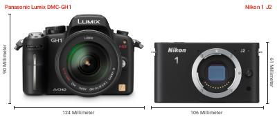 Größenvergleich: Panasonic Lumix DMC-GH1 vs. Nikon 1 J2 Größenvergleich: Panasonic Lumix DMC-GH1 vs. Nikon 1 J2