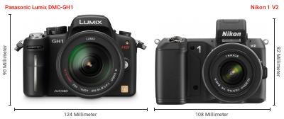 Größenvergleich: Panasonic Lumix DMC-GH1 vs. Nikon 1 V2 Größenvergleich: Panasonic Lumix DMC-GH1 vs. Nikon 1 V2