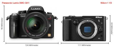 Größenvergleich: Panasonic Lumix DMC-GH1 vs. Nikon 1 V3 Größenvergleich: Panasonic Lumix DMC-GH1 vs. Nikon 1 V3
