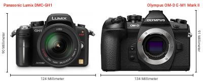 Größenvergleich: Panasonic Lumix DMC-GH1 vs. OM System OM-D E-M1 Mark II Größenvergleich: Panasonic Lumix DMC-GH1 vs. OM System OM-D E-M1 Mark II