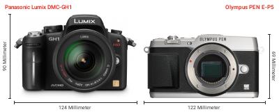 Größenvergleich: Panasonic Lumix DMC-GH1 vs. OM System PEN E-P5 Größenvergleich: Panasonic Lumix DMC-GH1 vs. OM System PEN E-P5