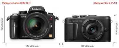Größenvergleich: Panasonic Lumix DMC-GH1 vs. OM System PEN E-PL10 Größenvergleich: Panasonic Lumix DMC-GH1 vs. OM System PEN E-PL10