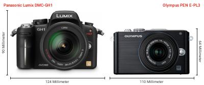 Größenvergleich: Panasonic Lumix DMC-GH1 vs. OM System PEN E-PL3 Größenvergleich: Panasonic Lumix DMC-GH1 vs. OM System PEN E-PL3