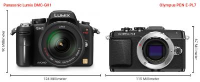 Größenvergleich: Panasonic Lumix DMC-GH1 vs. OM System PEN E-PL7 Größenvergleich: Panasonic Lumix DMC-GH1 vs. OM System PEN E-PL7