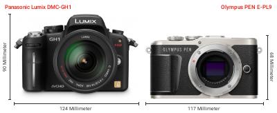 Größenvergleich: Panasonic Lumix DMC-GH1 vs. OM System PEN E-PL9