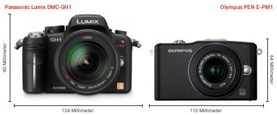 Größenvergleich: Panasonic Lumix DMC-GH1 vs. OM System PEN E-PM1 Größenvergleich: Panasonic Lumix DMC-GH1 vs. OM System PEN E-PM1