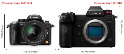 Größenvergleich: Panasonic Lumix DMC-GH1 vs. Panasonic Lumix DC-S1R Größenvergleich: Panasonic Lumix DMC-GH1 vs. Panasonic Lumix DC-S1R