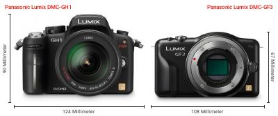 Größenvergleich: Panasonic Lumix DMC-GH1 vs. Panasonic Lumix DMC-GF3 Größenvergleich: Panasonic Lumix DMC-GH1 vs. Panasonic Lumix DMC-GF3