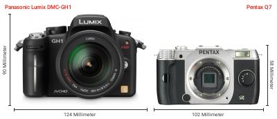 Größenvergleich: Panasonic Lumix DMC-GH1 vs. Pentax Q7 Größenvergleich: Panasonic Lumix DMC-GH1 vs. Pentax Q7